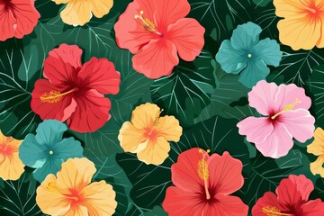 Obraz premium Poster design shows lots of vibrant hibiscus in various colors. In the style of pattern-based painting. . Beautiful simple AI generated image in 4K, unique.