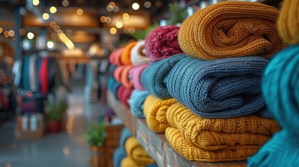 A collection of colorful knitted sweaters neatly arranged on a wooden display shelf in a retail setting, highlighting warmth, comfort, and the inviting nature of the store.