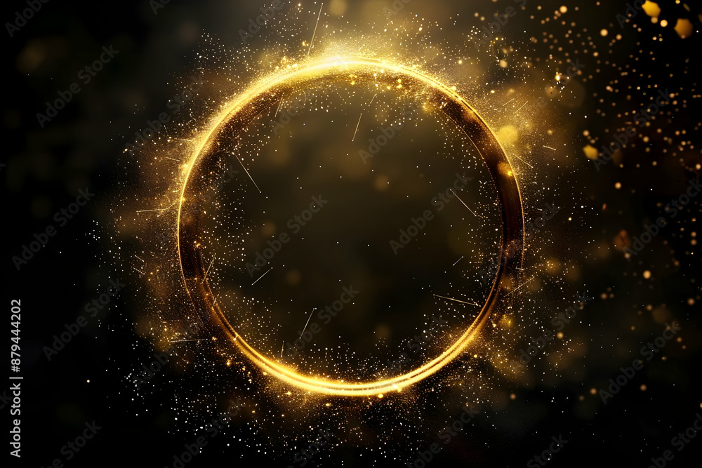 Poster glowing golden ring of sparks and particles on a dark background, creating a mesmerizing effect suit
