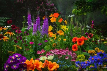 Close-up view of flowers in various colors such as red, orange, yellow, white and leaves on black background.. Beautiful simple AI generated image in 4K, unique.