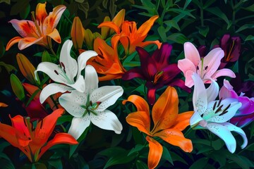 A vibrant top-down view of a diverse mix of flowers bathed in sunlight. Beautiful simple AI generated image in 4K, unique.