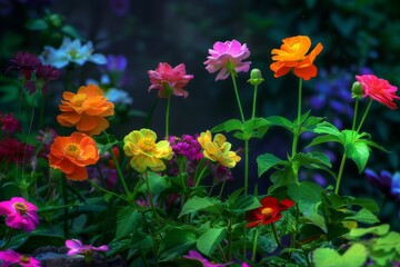 Obraz premium Close-up view of flowers in various colors such as red, orange, yellow, white and leaves on black background.. Beautiful simple AI generated image in 4K, unique.