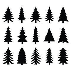 Vintage trees and forest silhouettes set in monochrome style. Set. Silhouette of pine trees.