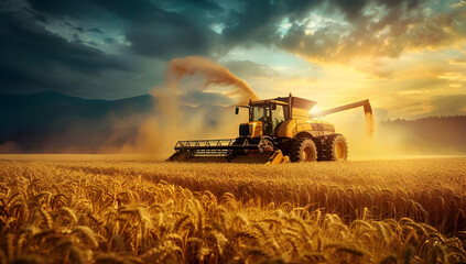 Fototapeta premium Golden hour harvest with a combine harvester in a wheat field, capturing the beauty and productivity of modern agriculture.