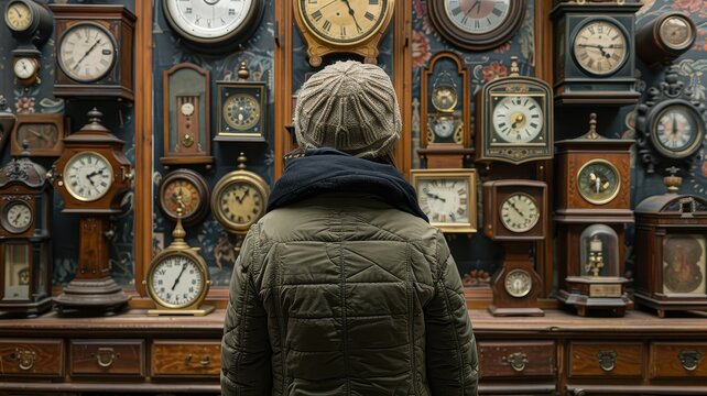 A person in a cozy jacket stands in front of a wall filled with various antique clocks, showcasing a fascination with time and vintage collections.