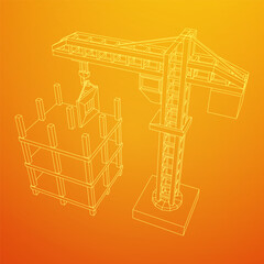 Construction crane tower. Building under construction industrial concept. Wireframe low poly mesh vector illustration.