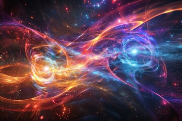 Obraz premium An abstract visualization of quantum entanglement, with swirling, intertwined particles and waves of light in a spectrum of bright, contrasting colors. 