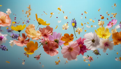 花 春 花畑 自然 青空 咲く カラフル 成長 生命力 美しさ ピンク 黄色 花弁 屋外 日光 フレッシュ 植物 青 緑 和み