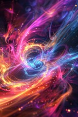 An abstract visualization of quantum entanglement, with swirling, intertwined particles and waves of light in a spectrum of bright, contrasting colors. 