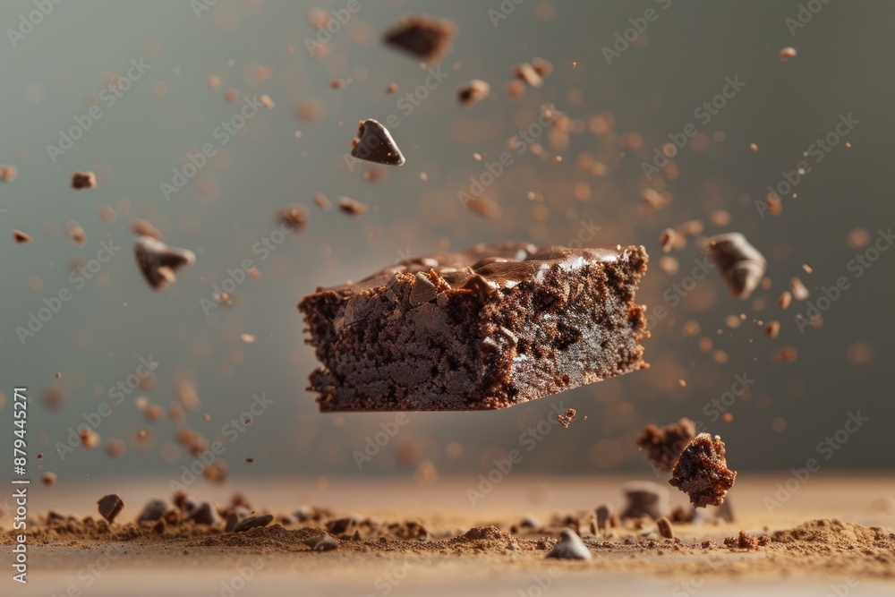 Poster chocolate brownie floating in the air with chocolate chips and cocoa powder exploding around it
