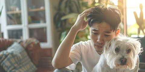 Asian man with allergies reacts to dog hair at home. Concept Allergies, Asian man, Dog hair, Home, Reactions