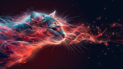   Red, blue, orange swirls on black background - a cat's head