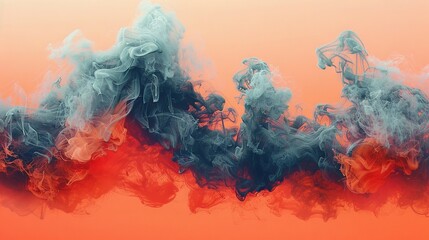  Orange background with red and black smoke rising from smokestacks in the foreground, filling the air with smoke