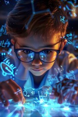 Naklejka premium Boy scientist in the lab working on chemistry experiments. Ai generative