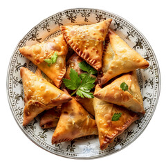 decorated plate of samosa in transparent png