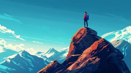 Fototapeta premium A man stands atop a mountain, gazing at the breathtaking landscape. Mountain climbing adventure. Mountain tourism and travel concept.