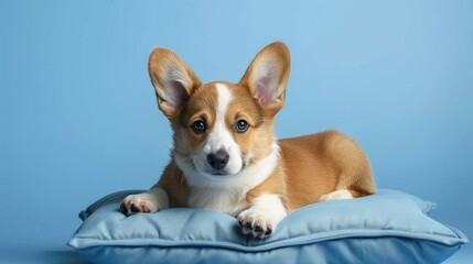 Serious Welsh corgi puppy posing on blue pillow for photography