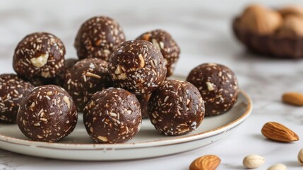 A plate of raw energy balls made from dates, nuts, and cacao