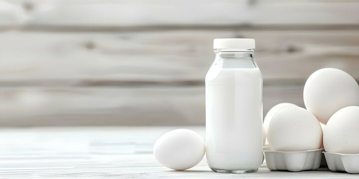 Supplement container for puppy growth with essential ingredients like milk and eggs. Concept Supplements for Puppy Growth, Essential Nutrients, Milk and Eggs, Healthy Development