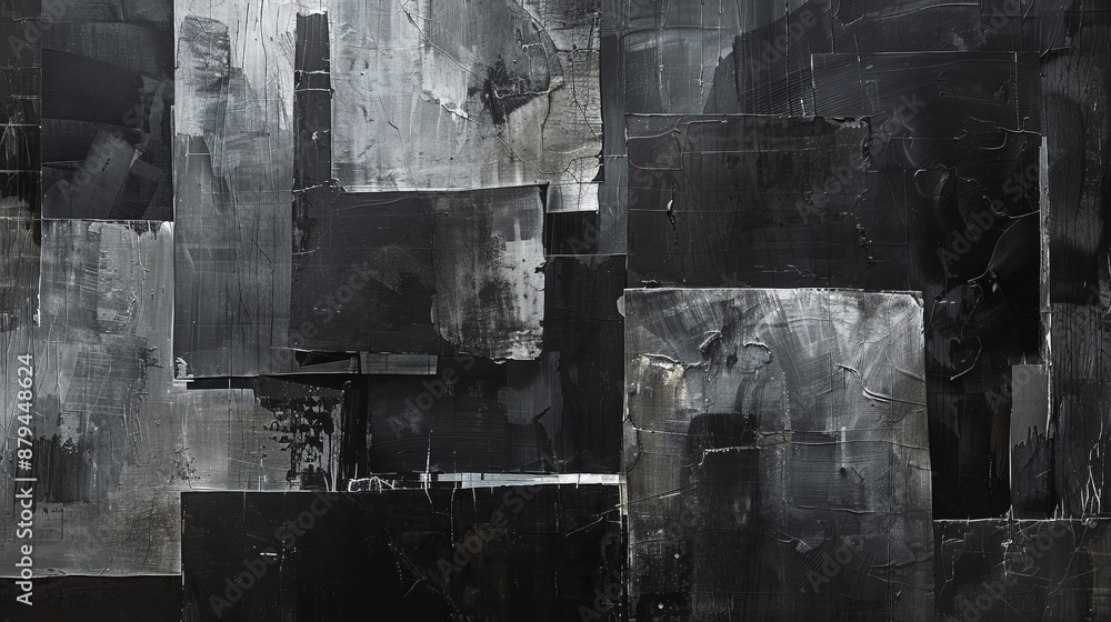Poster a monochromatic abstract composition, with varying shades of grey and black creating texture and dep