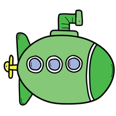 Hand drawn cartoon green submarine on white background.
