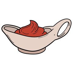 Hand drawn cartoon ketchup gravy boat on white background.