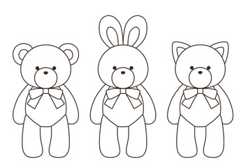 リボンをつけたかわいいくまとうさぎとねこのぬいぐるみのベクターイラストセット　アイコン　動物	