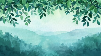 Green canopy, ambient atmosphere, scenic vista in the background, focus cover all  object, deep depth of field, no blur, Watercolor style