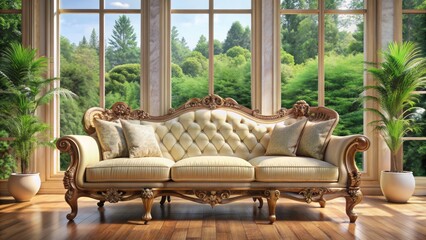 Elegant cream-colored sofa adorned with intricately carved wooden arms, set against a majestic floor-to-ceiling window with lush greenery outside.