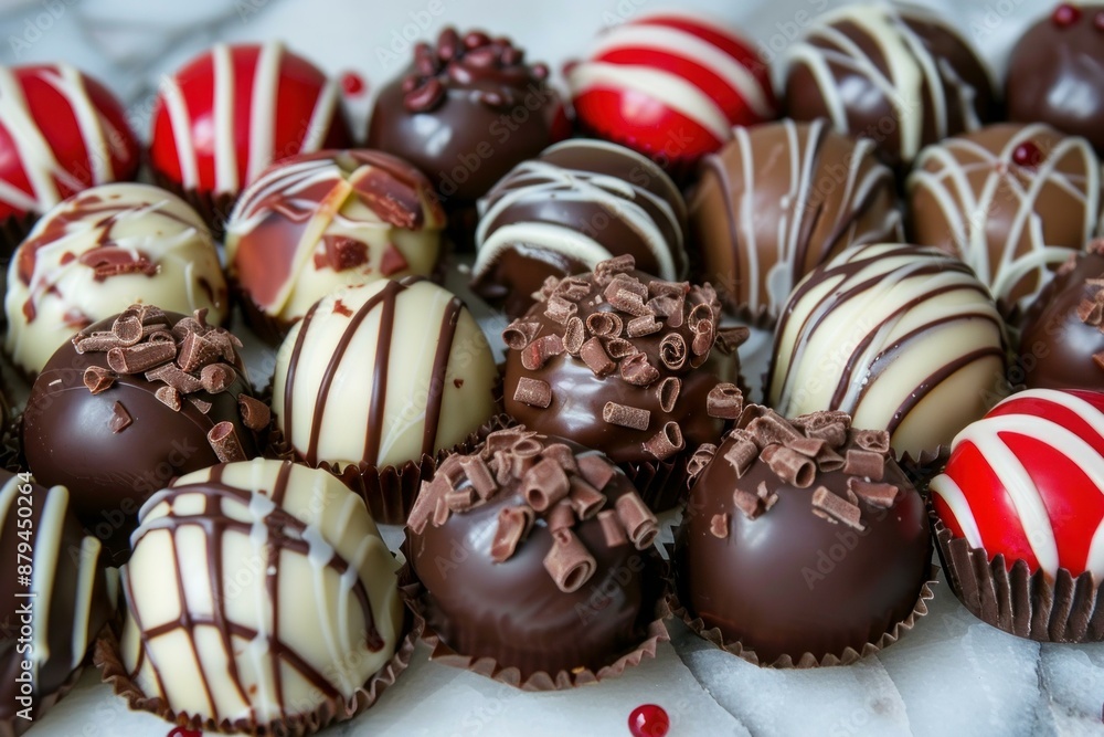 Poster chocolate pralines with different kinds of toppings are displayed under studio lighting