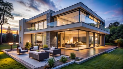 Fototapeta premium Modern illuminated abode at dusk featuring sleek furniture, chic decor, and expansive windows, spotlighting architectural grandeur in serene ambiance.