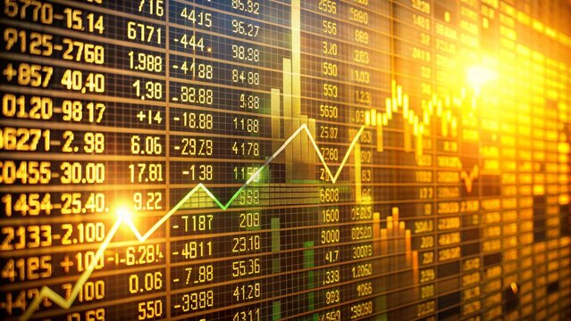 A sleek, modern digital stock market board displays rising stocks and profits, bathed in warm, golden light, conveying success and growth.