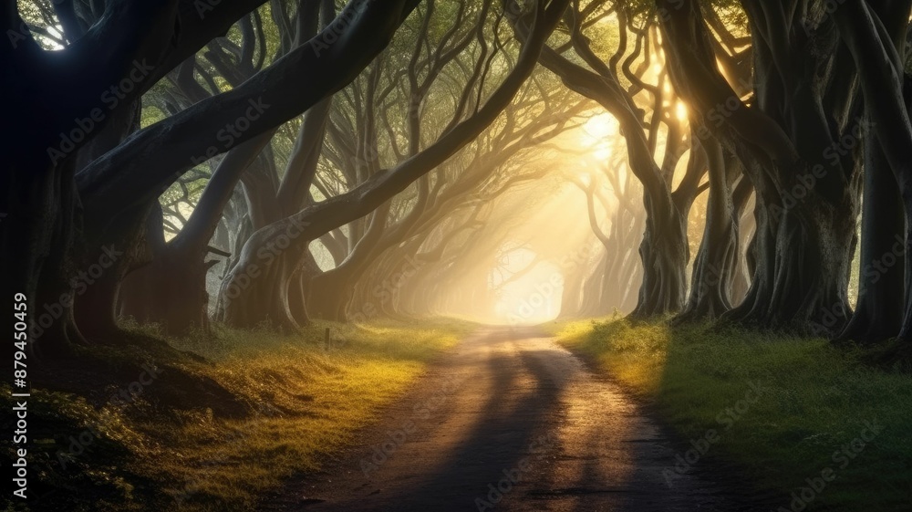 Poster enchanting forest pathway with beams of sunlight filtering through the trees, creating a mystical at