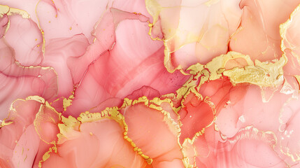 elegant rose pink water colour alcohol wash with golden swirls and speckles, luxurious background wallpaper, white and pink background
