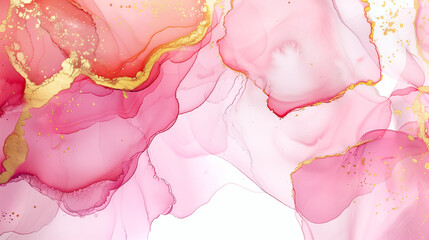 elegant rose pink water colour alcohol wash with golden swirls and speckles, luxurious background wallpaper, white and pink background