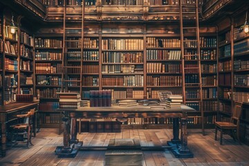Vintage library interior, old bookshelf with books, antique shelf, bookcase, old university