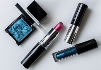 Makeup products arranged including lipsticks nail polish bottles eye shadow palettes brushes Makeup Display Concept