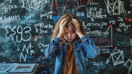 Stressed child in front of a chalkboard filled with equations