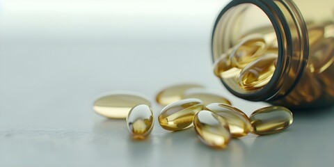 Digital art of collagen capsules spilling from bottle focus on supplements. Concept Digital Art, Collagen Capsules, Supplements, Bottle, Health and Wellness