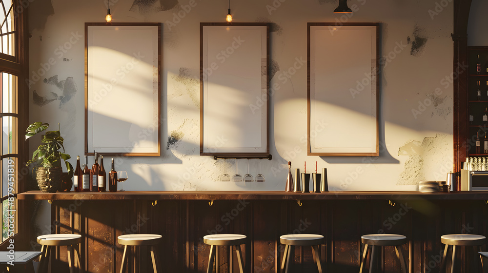 Poster mockup vertical 3 frame empty poster in the bar simple wall close up view