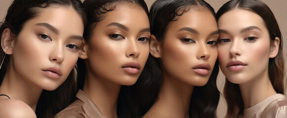 Obraz premium Portrait of young natural beautiful female models with healthy glowy skin and subtle make up