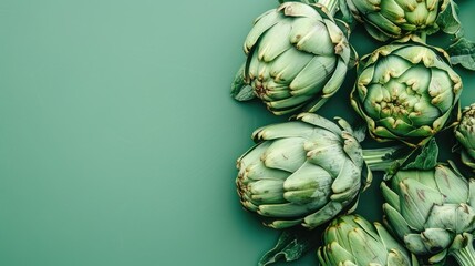 Obraz premium Close up of fresh artichokes on a green backdrop