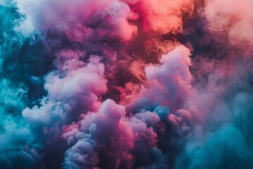 From the middle of the bluish-pink smoke, white clouds erupt, fly up and mix with the total mass.. Beautiful simple AI generated image in 4K, unique.