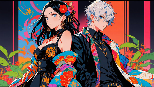 Fancy anime couple wearing trendy fashion glamour clothes having romantic date hugging and kissing