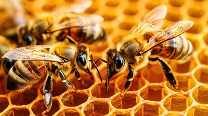 Honey Bees on Honeycomb with a Focus on Detailed Textures and a Shallow Depth of Field.