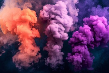 Fototapeta premium From the middle of the bluish-pink smoke, white clouds erupt, fly up and mix with the total mass.. Beautiful simple AI generated image in 4K, unique.