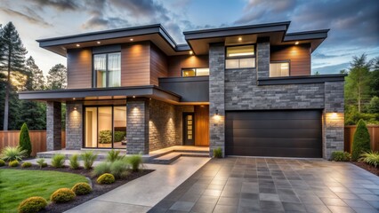 Modern luxury home exterior featuring dark ceramic tile siding, tall entrance, and clean lines set against a picturesque backdrop.