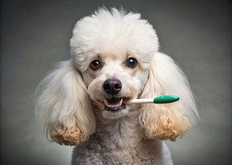 Adorable white poodle dog playfully holds toothbrush in mouth, showcasing sparkly clean teeth, with fur perfectly groomed, against a clean, minimalist background.