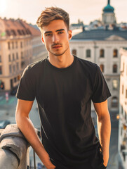 Fototapeta premium Black tshirt mockup, blank oversized t-shirt template, casual fashion, handsome male model wearing a empty black tee standing outdoors in the city for clothing company mockup