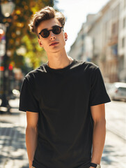 Black tshirt mockup, blank oversized t-shirt template, casual fashion, handsome male model wearing a empty black tee standing outdoors in the city for clothing company mockup
